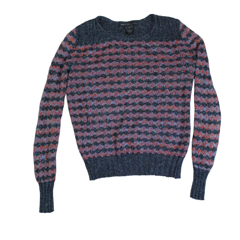 Marc Jacobs Y2K Sweater Womens Small Black Mohair Metallic Striped Fuzzy Knit